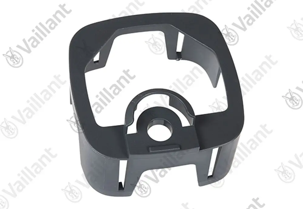 Vaillant Halter in quadratischer Form, gefertigt aus robustem Kunststoff. Das Teil verfügt über Öffnungen und Aussparungen zur Befestigung und Montage.